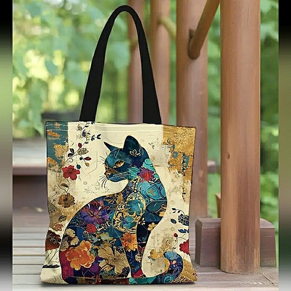 Floral Cat Pattern Canvas Tote Bag, NWT - Picture 1 of 4